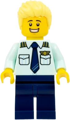 Passenger Plane Pilot - Male, Light Aqua Uniform Shirt with Tie, Dark Blue Legs, Bright Light Yellow Spiked Hair Swept Up minifigure