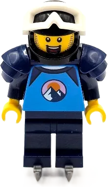 Ice Hockey Player - Male, Dark Azure and Dark Blue Shirt with Mountains, Dark Blue Legs and Shoulder Pads, Black Helmet, White Goggles, Ice Skates minifigure