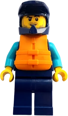Water Scooter Driver - Male, Dark Blue Diving Suit and Dirt Bike Helmet, Orange Life Jacket, Lopsided Smirk minifigure