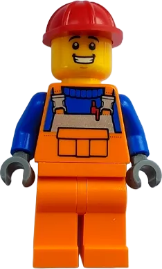 Construction Worker - Male, Orange Overalls with Reflective Stripe and Buckles over Blue Shirt, Orange Legs, Red Construction Helmet, Open Mouth Smile minifigure