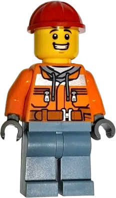 Construction Worker - Male, Orange Safety Jacket, Reflective Stripe, Sand Blue Hoodie, Sand Blue Legs, Red Construction Helmet minifigure