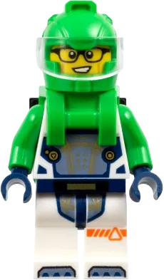 Astronaut - Male, White Spacesuit with Bright Green Arms, Bright Green Helmet, Trans-Clear Visor, Bright Green Harness with Solar Panel, Glasses minifigure