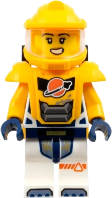 Astronaut - Female, White Spacesuit with Bright Light Orange Arms, Bright Light Orange Helmet, Trans-Clear Visor, Bright Light Orange Armor with Black Bar Handle minifigure