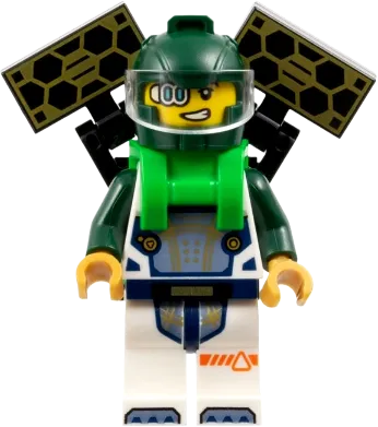 Astronaut - Male, White Spacesuit with Dark Green Arms, Dark Green Helmet, Trans-Clear Visor, Bright Green Harness with Solar Panels minifigure