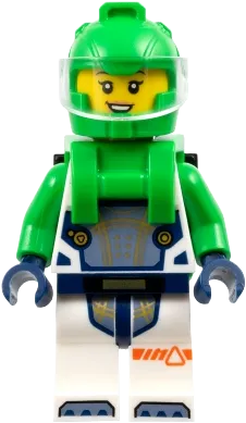 Astronaut - Female, White Spacesuit with Bright Green Arms, Bright Green Helmet, Bright Green Backpack with Solar Panel, Open Mouth minifigure