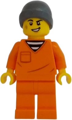 City Jail Prisoner Male - Orange Prison Jumpsuit, Dark Bluish Gray Beanie, Scruff Mark minifigure