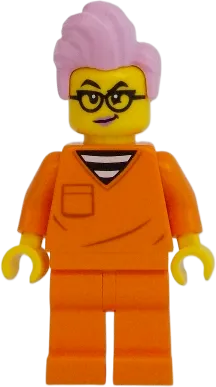 City Jail Prisoner Female - Orange Prison Jumpsuit, Bright Pink Hair, Black Glasses minifigure