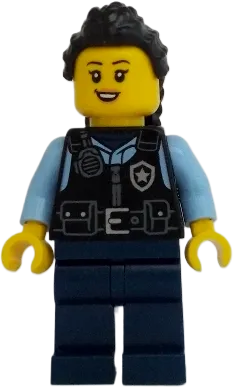 City Officer Female - Black Safety Vest with Silver Star Badge Logo, Dark Blue Legs, Black Hair Long with Braided Ponytail minifigure