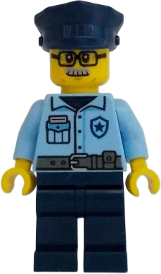 City Officer Male - Bright Light Blue Shirt, Dark Blue Legs, Light Bluish Gray Moustache and Black Glasses minifigure