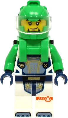 Astronaut - Male, White Spacesuit with Bright Green Arms, Bright Green Helmet, Trans-Clear Visor, Bright Green Harness with Solar Panel, Goatee minifigure