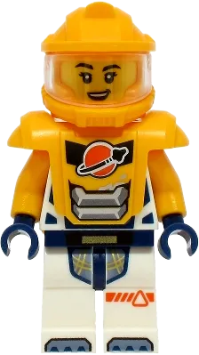 Astronaut - Female, White Spacesuit with Bright Light Orange Arms, Bright Light Orange Helmet, Bright Light Orange Armor minifigure