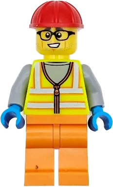 Construction Worker - Male, Neon Yellow Safety Vest, Orange Legs, Red Construction Helmet, Black Glasses minifigure