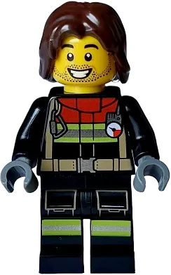 Fire - Male, Black Jacket and Legs with Reflective Stripes and Red Collar, Dark Brown Hair Mid-Length Tousled minifigure