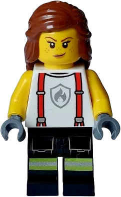Fire - Female, White Shirt with Suspenders, Legs with Reflective Stripes, Reddish Brown Hair with Braid minifigure