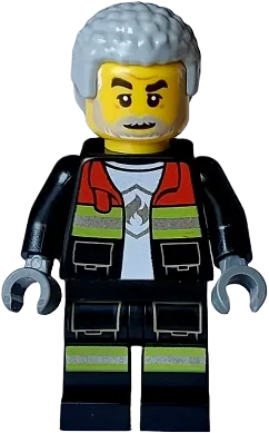 Fire - Male, Black Open Jacket and Legs with Reflective Stripes and Red Collar, Light Bluish Gray Coiled Hair minifigure
