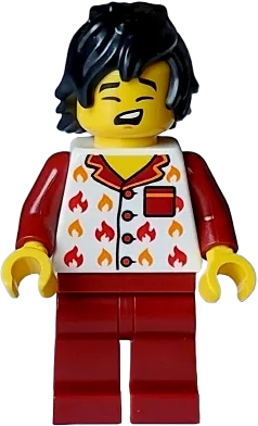 Fire - Male, White Jacket with Flames, Dark Red Legs, Black Tousled Hair minifigure
