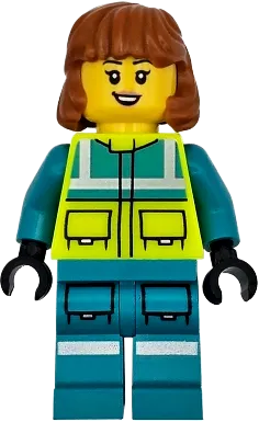 Ambulance Driver - Female, Dark Turquoise and Neon Yellow Safety Vest, Legs with Silver Reflective Stripes, Dark Orange Mid Length Hair minifigure