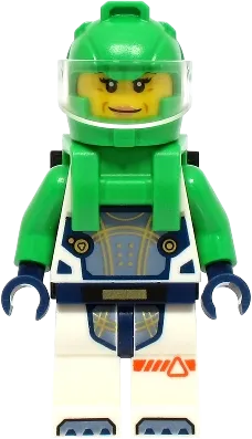 Astronaut - Female, White Spacesuit with Bright Green Arms, Bright Green Helmet, Trans-Clear Visor, Bright Green Harness with Solar Panel and Black Clip minifigure