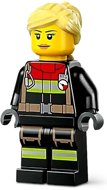 Fire - Female, Black Jacket and Legs with Reflective Stripes and Red Collar, Bright Light Yellow Hair Ponytail and Swept Sideways Fringe minifigure
