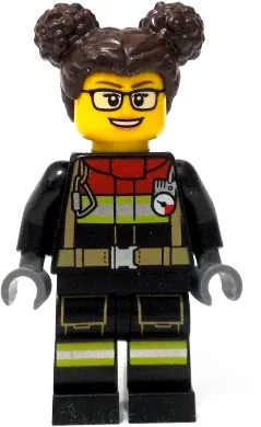 Fire - Female, Black Jacket and Legs with Reflective Stripes and Red Collar, Dark Brown Hair with Buns minifigure