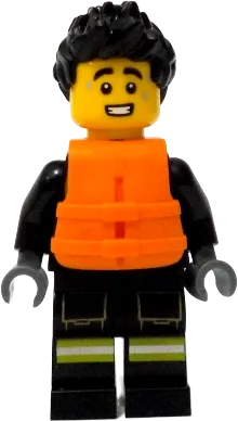 Fire - Male, Black Jacket and Legs with Reflective Stripes, Black Spiked Hair, Orange Life Jacket minifigure