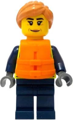 City Officer Female - Neon Yellow Safety Vest, Orange Life Jacket, Nougat Hair minifigure