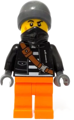 City Bandit Crook Male - Black Jacket, Orange Legs, Dark Bluish Gray Beanie, Black Bandana minifigure