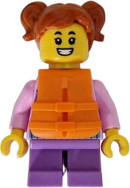 Child - Girl, Bright Pink Hoodie with Medium Blue and White Diagonal Stripes, Medium Lavender Short Legs, Dark Orange Hair with Pigtails, Orange Life Jacket minifigure