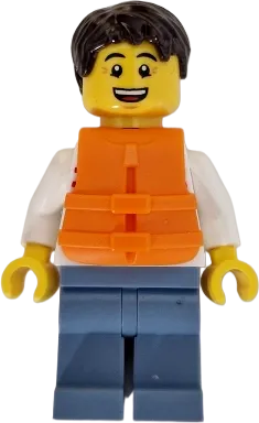 Sailboat Driver - Male, White Sweater with Red Horizontal Stripes, Sand Blue Legs, Dark Brown Short Tousled Hair, Orange Life Jacket minifigure