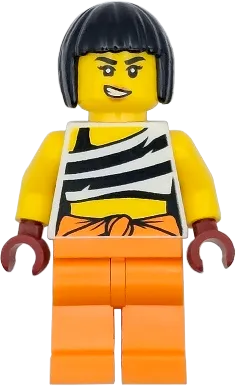 City Bandit Crook Female - White Tank Top Cropped with Black Stripes, Orange Legs, Black Bob Cut Hair minifigure