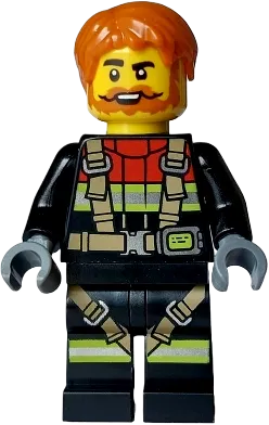 Fire - Male, Black Jacket and Legs with Reflective Stripes, Harness and Red Collar, Dark Orange Hair, Beard and Moustache minifigure
