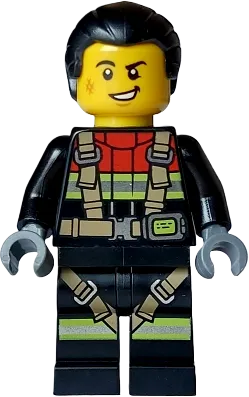 Fire - Male, Black Jacket and Legs with Reflective Stripes, Harness and Red Collar, Black Hair Ponytail minifigure