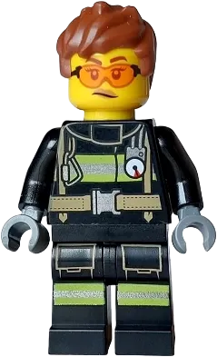 Fire - Female, Black Jacket and Legs with Reflective Stripes, Reddish Brown Messy Hair, Safety Glasses minifigure