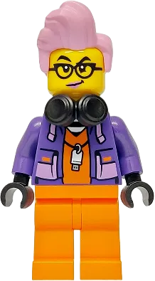 City Jail Prisoner Female - Orange Prison Jumpsuit, Dark Purple Jacket, Black Headphones, Bright Pink Hair, Black Glasses minifigure