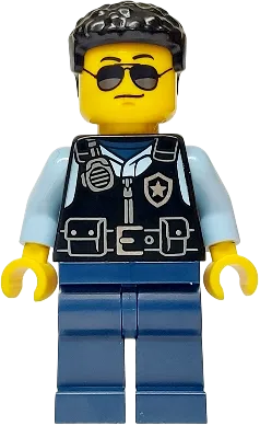 City Officer Male - Black Safety Vest with Silver Star Badge Logo, Dark Blue Legs, Black Hair, Sunglasses minifigure