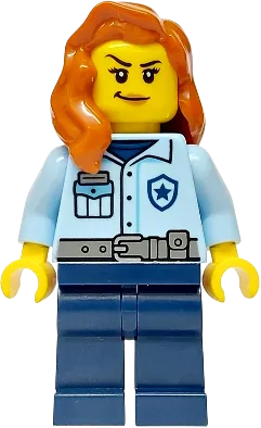 City Officer Female - Bright Light Blue Shirt, Dark Blue Legs, Dark Orange Hair over Shoulder minifigure