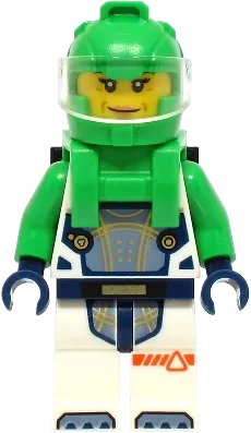 Astronaut - Female, White Spacesuit with Bright Green Arms, Bright Green Helmet, Bright Green Backpack with Solar Panel, Closed Mouth minifigure
