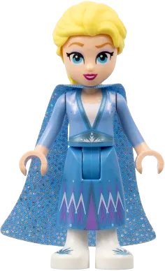Elsa - Glitter Cape with Two Tails, Medium Blue Skirt with White Shoes, Small Open Mouth Smile minifigure