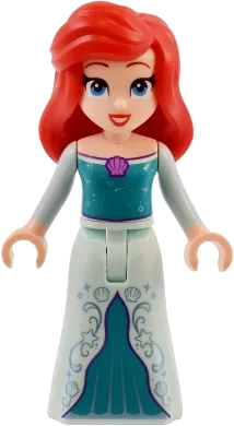 Ariel - Human (Light Nougat), Light Aqua Dress with Stars, Medium Lavender Shell, Dark Purple Trim, Red Hair with Left Side Part and High Bangs minifigure