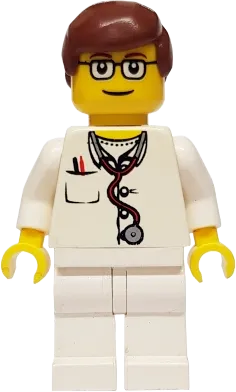Doctor - Lab Coat Stethoscope and Thermometer, White Legs, Reddish Brown Male Hair, Glasses minifigure