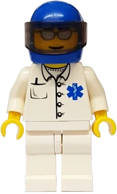 Doctor - EMT Star of Life Button Shirt, White Legs, Blue Helmet, Trans-Brown Visor minifigure