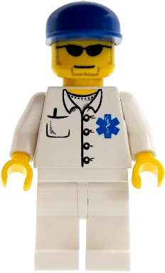 Doctor - EMT Star of Life Button Shirt, White Legs, Blue Cap, Goatee minifigure