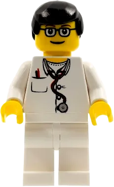 Doctor - Lab Coat, Stethoscope and Thermometer, White Legs, Black Male Hair, Glasses minifigure