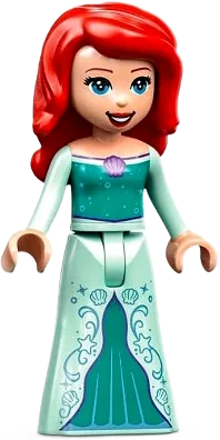 Ariel - Human (Light Nougat), Light Aqua Dress with Stars, Medium Lavender Shell, Dark Purple Trim, Red Hair with Right Side Part minifigure