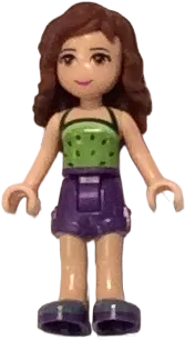 Friends Olivia - Light Nougat, Dark Purple Shorts, Lime Halter Top with Dark Green Spots Pattern minifigure