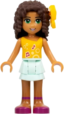 Friends Andrea - Light Aqua Layered Skirt, Bright Light Orange Top with Music Notes, Bow minifigure