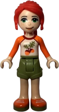 Friends Mia - Olive Green Shorts, White Top with Orange Sleeves and Acorns minifigure