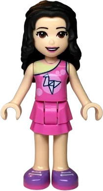 Friends Emma - Dark Pink Top with Bright Pink Circles and White Origami Crane over Yellowish Green Tank Top, Dark Pink Layered Skirt, Medium Lavender Shoes minifigure