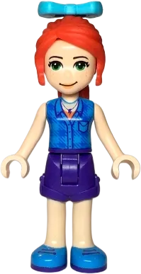 Friends Mia - Dark Purple Shorts, Dark Azure Plaid Shirt, Red Ponytail, Bow minifigure