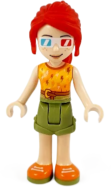 Friends Mia - Olive Green Shorts, Orange and Bright Light Orange Top with Lightning Bolts, Orange Shoes, 3D Glasses minifigure